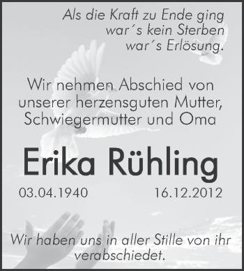 Traueranzeige von Erika Rühling von Pegnitz-Zeitung